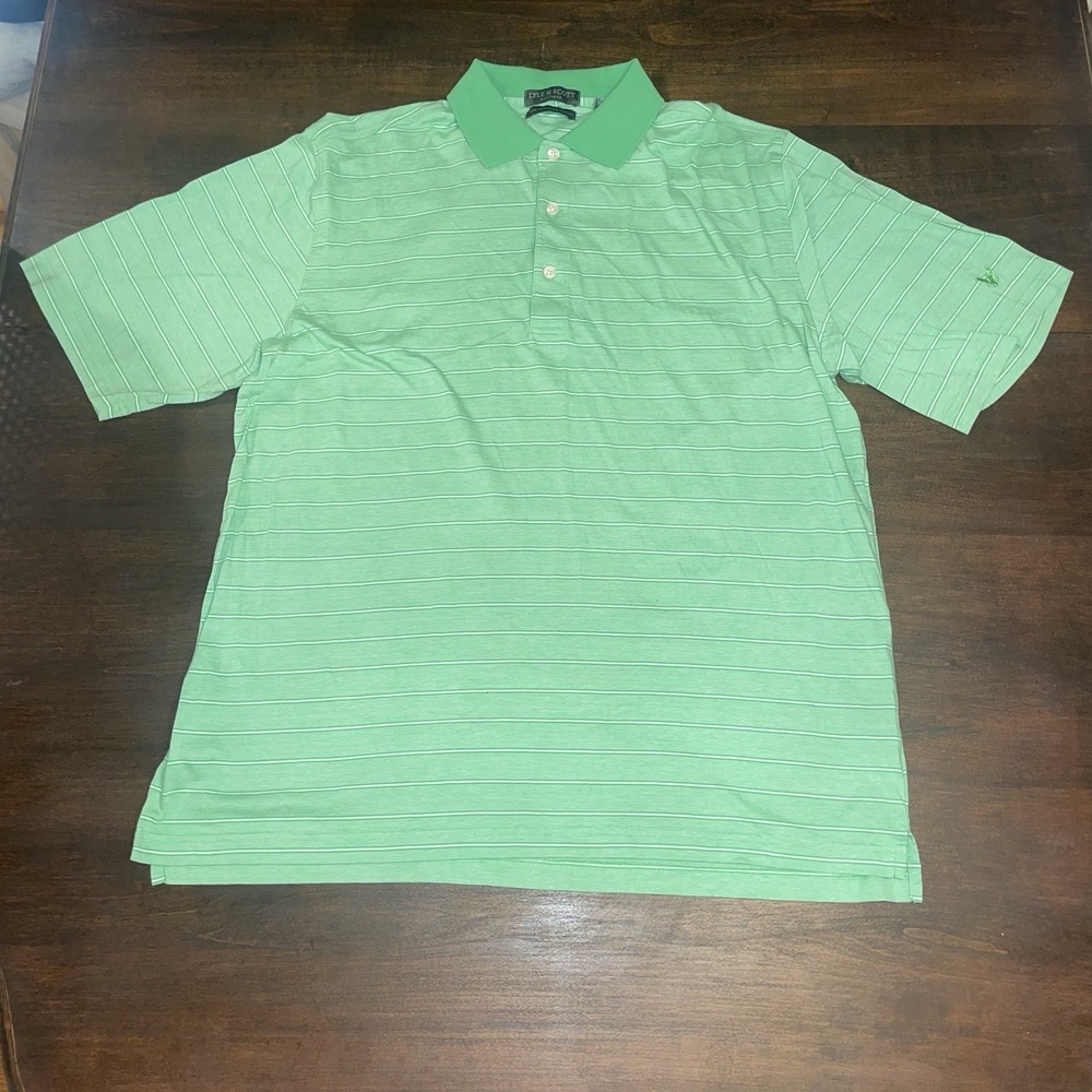 Lyle & Scott Polo Shirt Mens Large Green Blue Striped Golf Casual Golf Preppy L